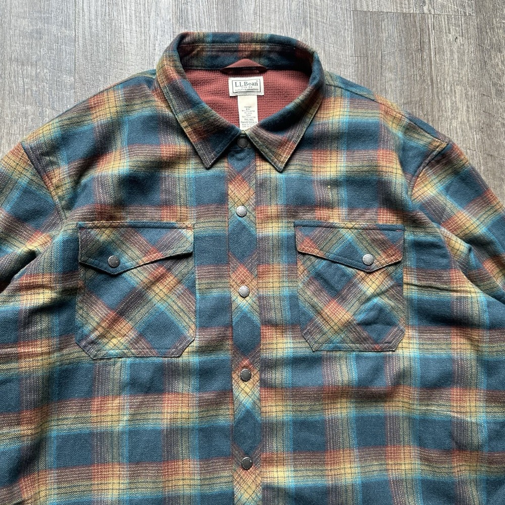 LL Bean Performance Flannel Snap Shirt Elbow Patches Wool Blend Men XXL
